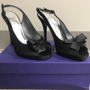 Black satin bow peep toe heel